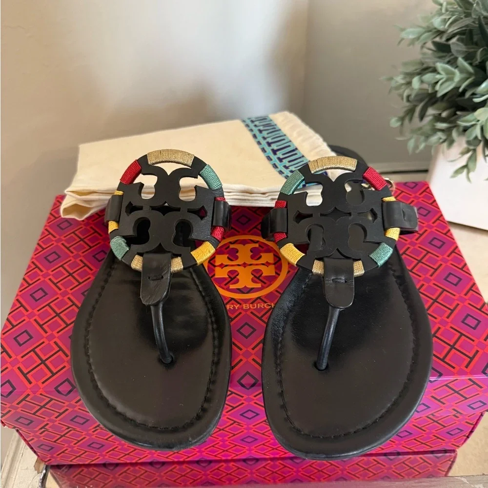 Tory Burch Embroidered Miller Sandals - Black Multi - Size 9.5